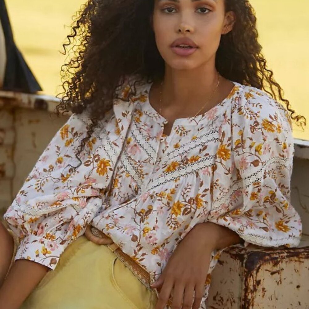 Anthropologie Harmony Lace Peasant Blouse Neutral Motif